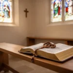 Rosary and prayer book resting in a softly lit chapel