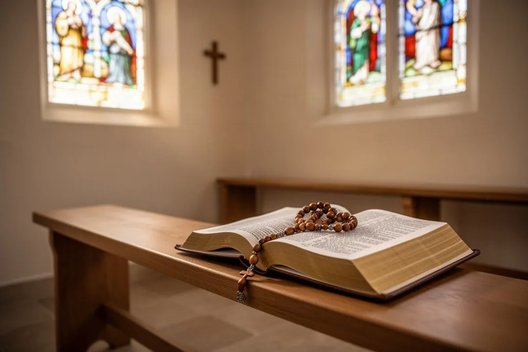 Rosary and prayer book resting in a softly lit chapel