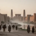 Ancient Babylon beside the Euphrates with monumental walls at dusk