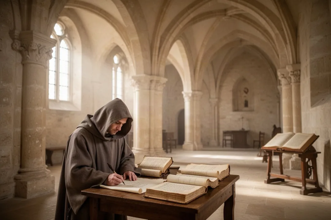Bernard of Clairvaux writing in a simple Cistercian monastery