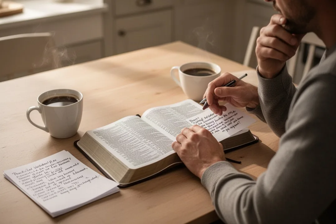 Open Bible and notes beside coffee during thoughtful personal study