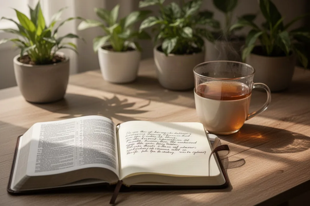 Open Bible, journal, and tea in warm morning light