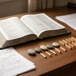 Open Bible with symbolic groups of seven and twelve markers