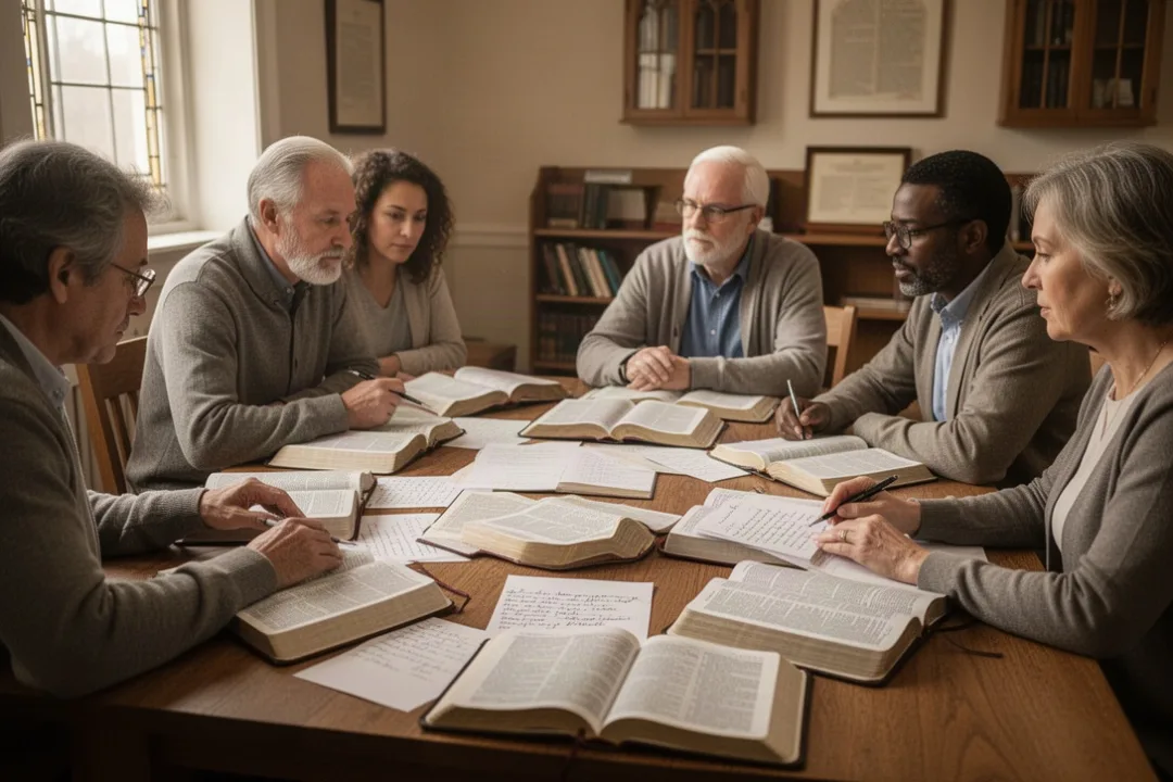 Adults studying biblical prophecy together around an open Bible