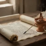 Ancient scribe’s scroll and lamp representing the Book of Baruch