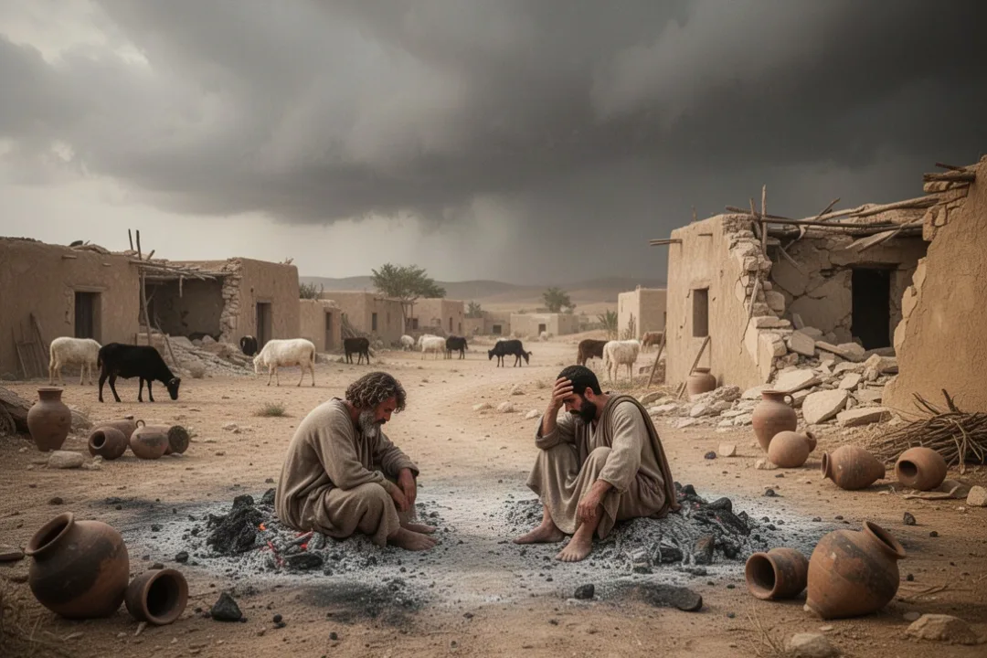 Grieving Job seated in ashes outside a devastated ancient settlement
