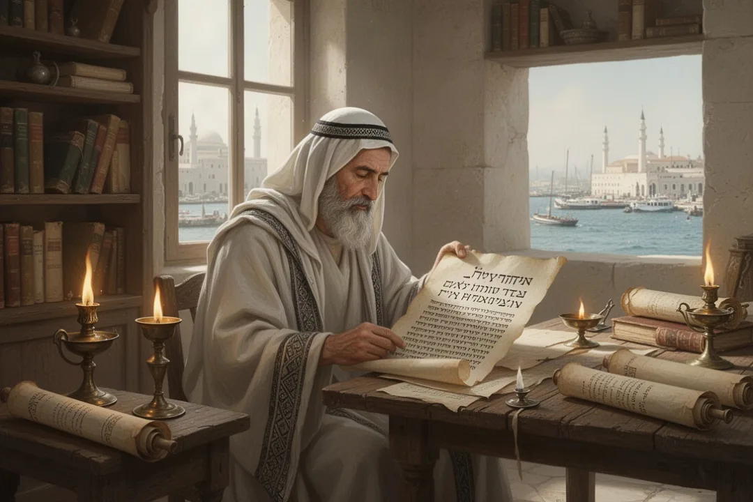 Ancient scholar studying the Book of Wisdom in Alexandria