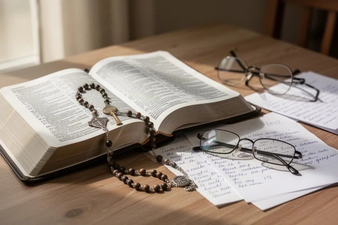Open Catholic Bible beside rosary and study notes