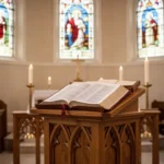 Open lectionary prepared for Catholic daily readings in a parish sanctuary