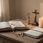 Catholic prayer corner with Bible, Rosary, crucifix, candle, and journal