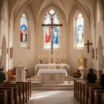 Catholic church interior showing altar, ambo, tabernacle, and crucifix