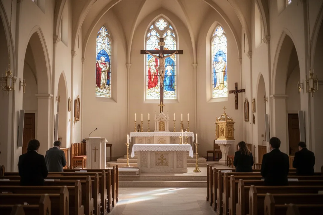 Catholic church interior showing altar, ambo, tabernacle, and crucifix