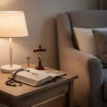 Catholic evening prayer corner with rosary, prayer book, and crucifix