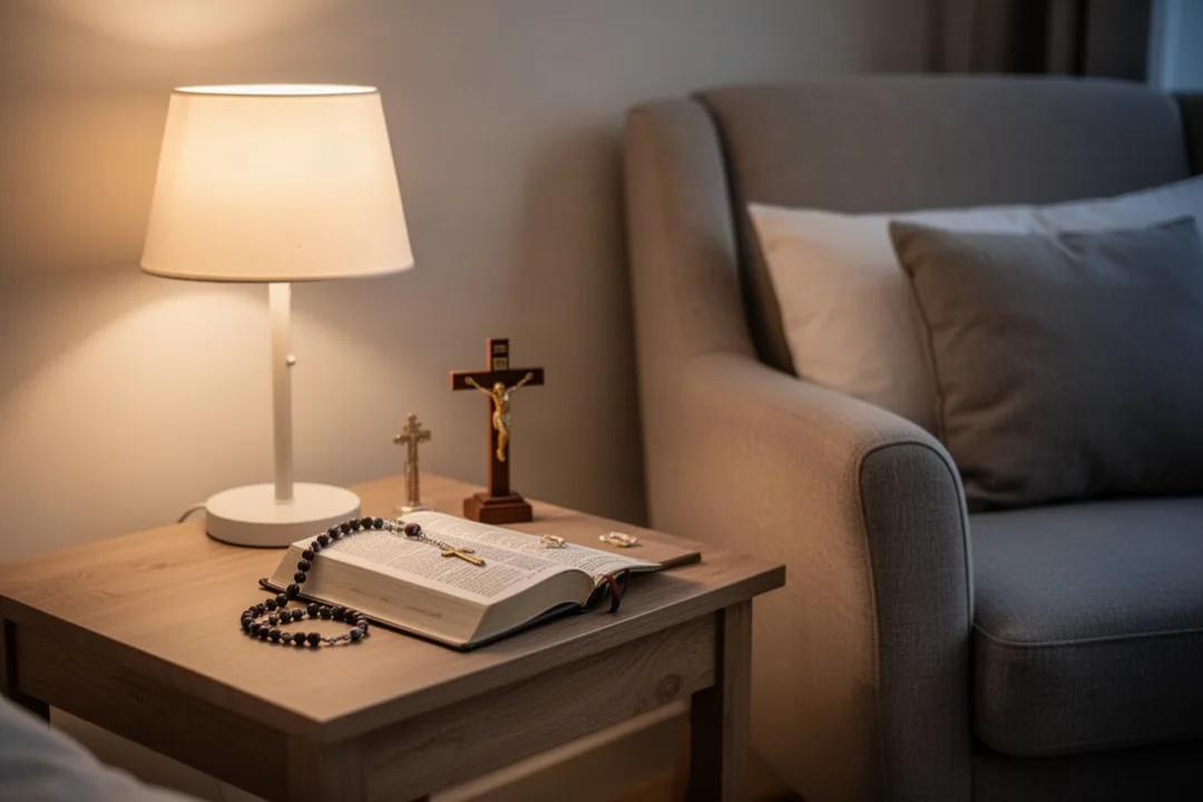 Catholic evening prayer corner with rosary, prayer book, and crucifix