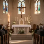 Easter Vigil church interior with Paschal candle and worshipers