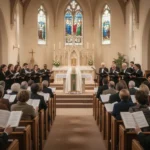 Catholic congregation singing hymns during Sunday Mass