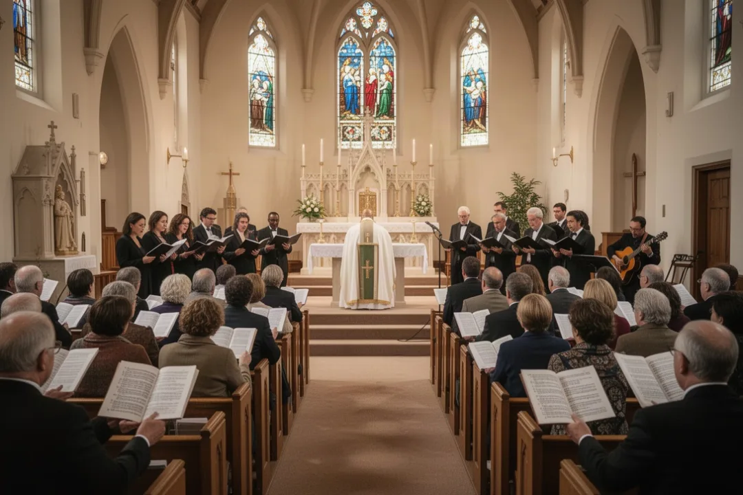 Catholic congregation singing hymns during Sunday Mass