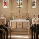 Congregation participating in Catholic Mass inside a church