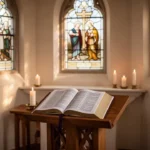 Open prayer book in a quiet chapel prepared for morning prayer