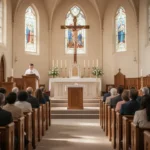 Congregation listening to Scripture during an English Catholic Mass