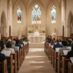 Congregation following Catholic Mass responses inside a church