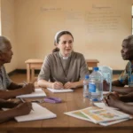 Catholic missionary meeting local community leaders for a service project