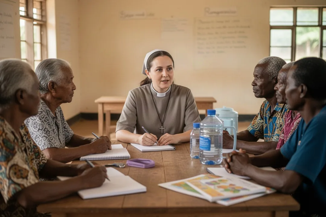 Catholic missionary meeting local community leaders for a service project
