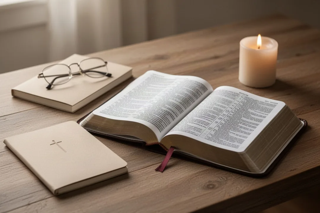 Open Catholic Bible beside notebook and candle during quiet morning study