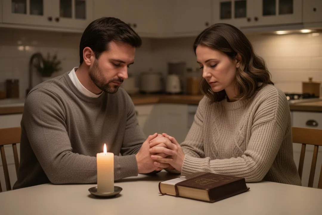 Catholic couple praying together at home for their marriage