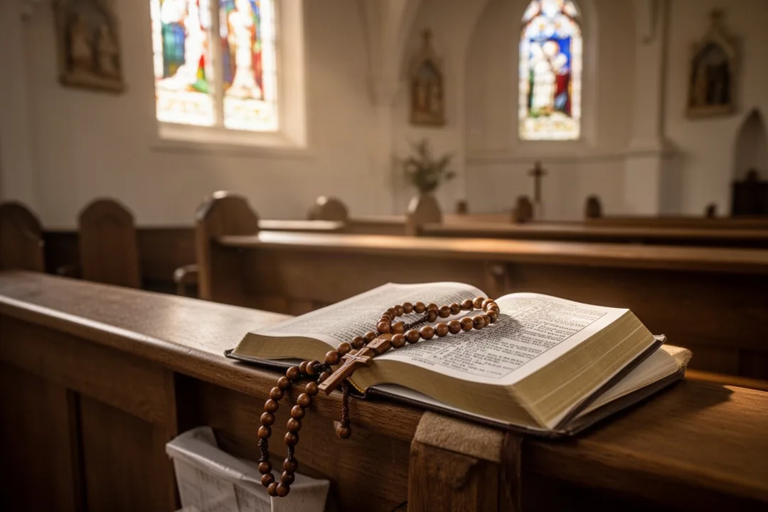 Rosary and prayer book resting on a sunlit Catholic church pew