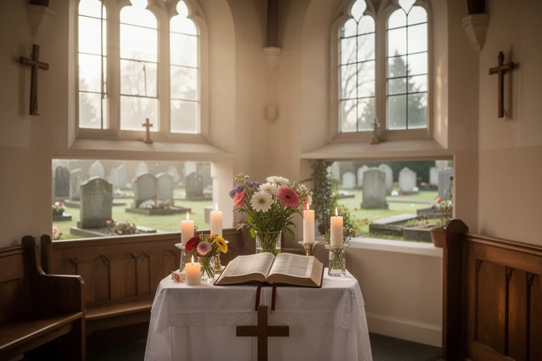 Catholic church candles and prayer book beside a peaceful cemetery