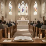Catholics gathering for Sunday Mass inside a sunlit parish church