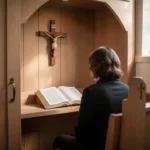 Person preparing for Catholic confession inside a softly lit church