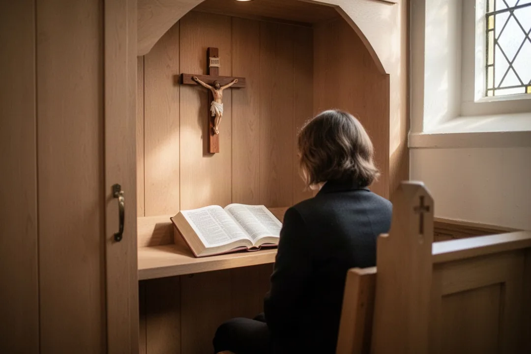 Person preparing for Catholic confession inside a softly lit church