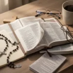 Catholic Bible study materials arranged on a warmly lit wooden table