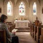 Person reflecting in a Catholic church during Sunday prayer