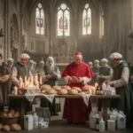 Cardinal organizing aid inside a Milan church during the plague