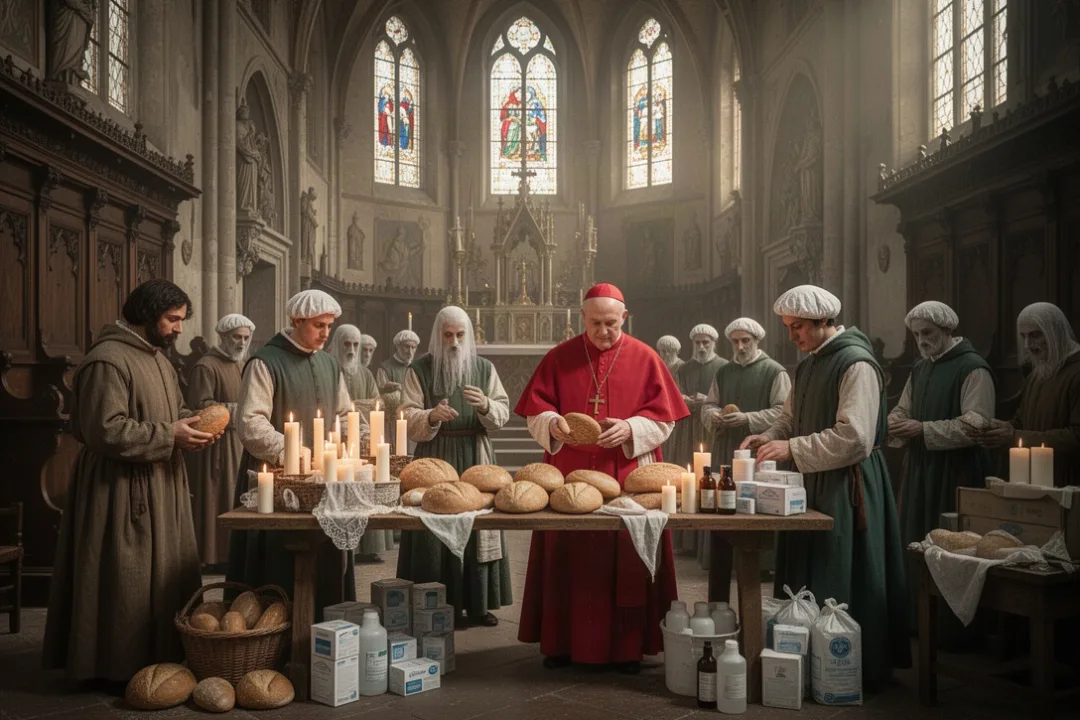 Cardinal organizing aid inside a Milan church during the plague