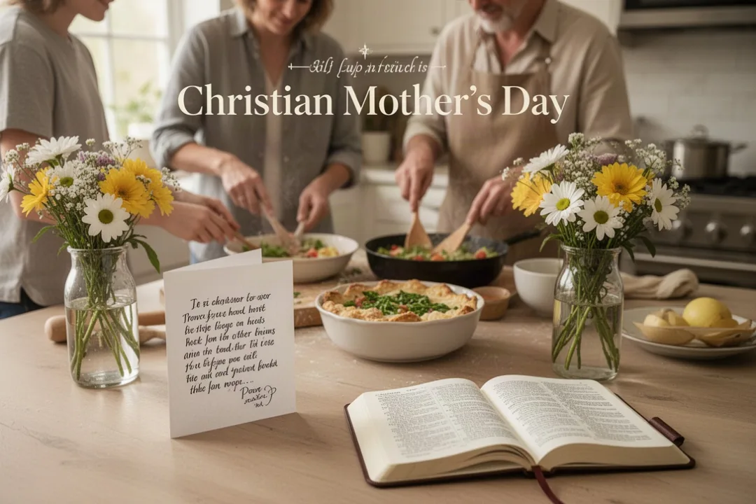 Family preparing a faith-centered Mother’s Day meal together