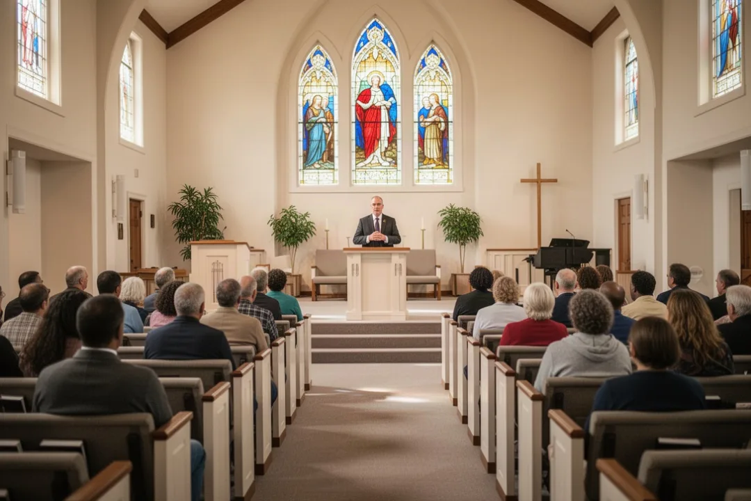 Diverse congregation attending a Christian worship service in an American church