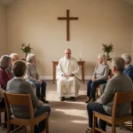 Clergy member providing pastoral care during a quiet community gathering