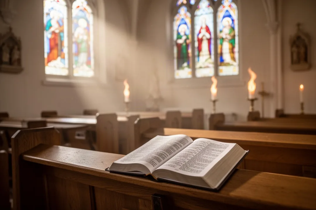 Prayer book and candles in a peaceful Pentecost church sanctuary