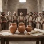 Ancient Corinthian church gathering with clay vessels and scrolls