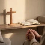 Quiet home prayer space with wooden cross and open journal