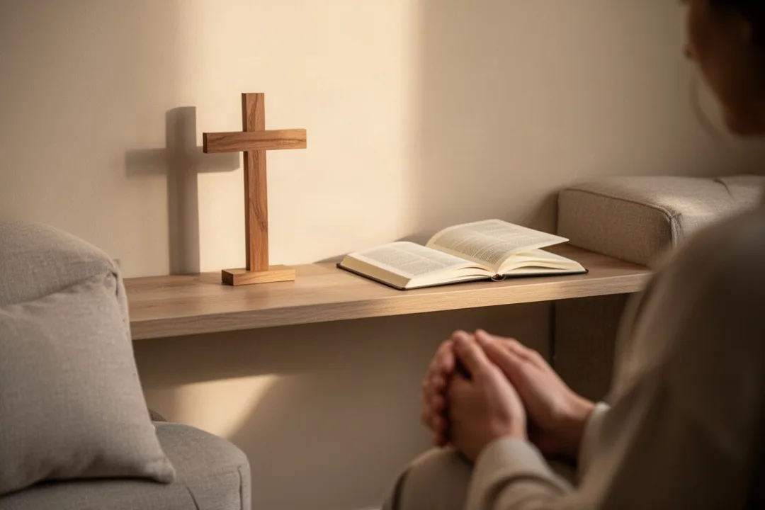 Quiet home prayer space with wooden cross and open journal