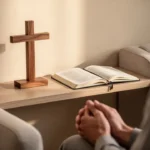 Quiet home prayer space with wooden cross and open journal