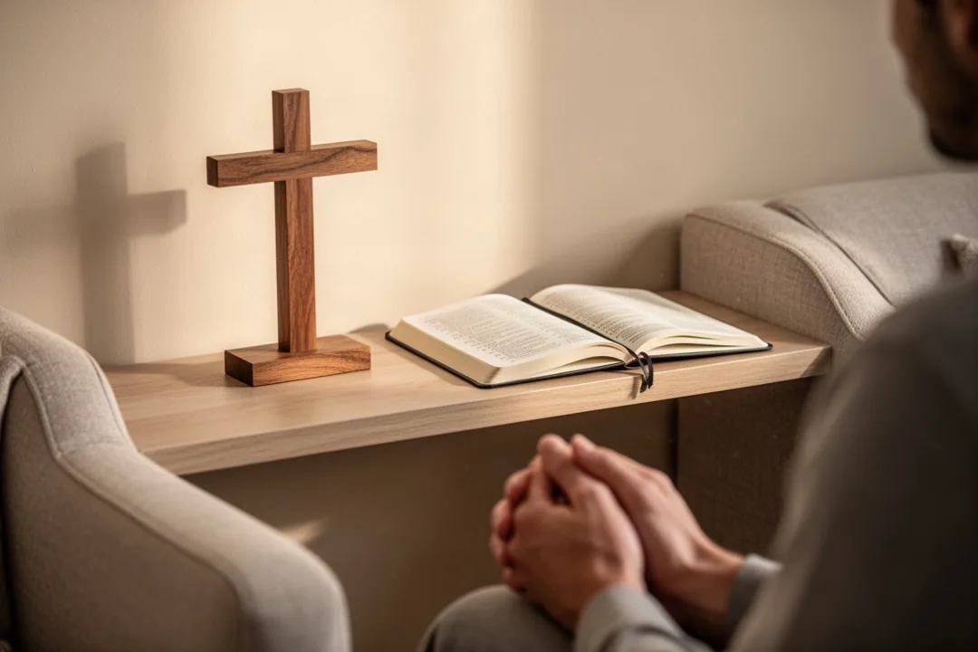 Quiet home prayer space with wooden cross and open journal