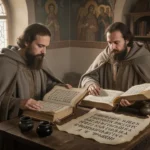 Cyril and Methodius preparing early Slavic manuscripts in a Byzantine study
