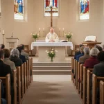 Congregation attending a quiet weekday Catholic Mass in a parish church