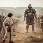 David approaches Goliath with a sling on an ancient battlefield